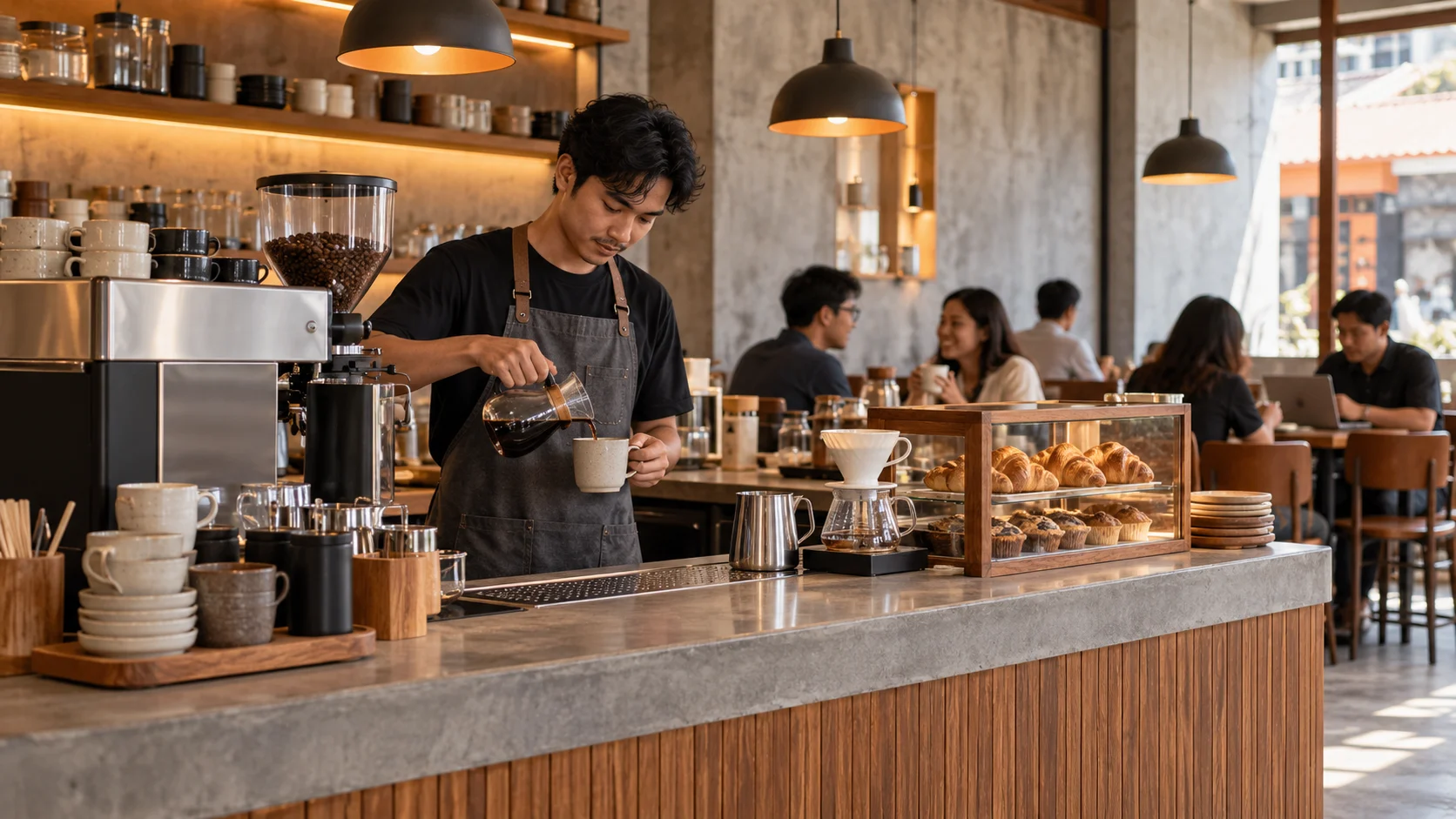 Ilustrasi barista menyiapkan kopi di cafe yang hangat.